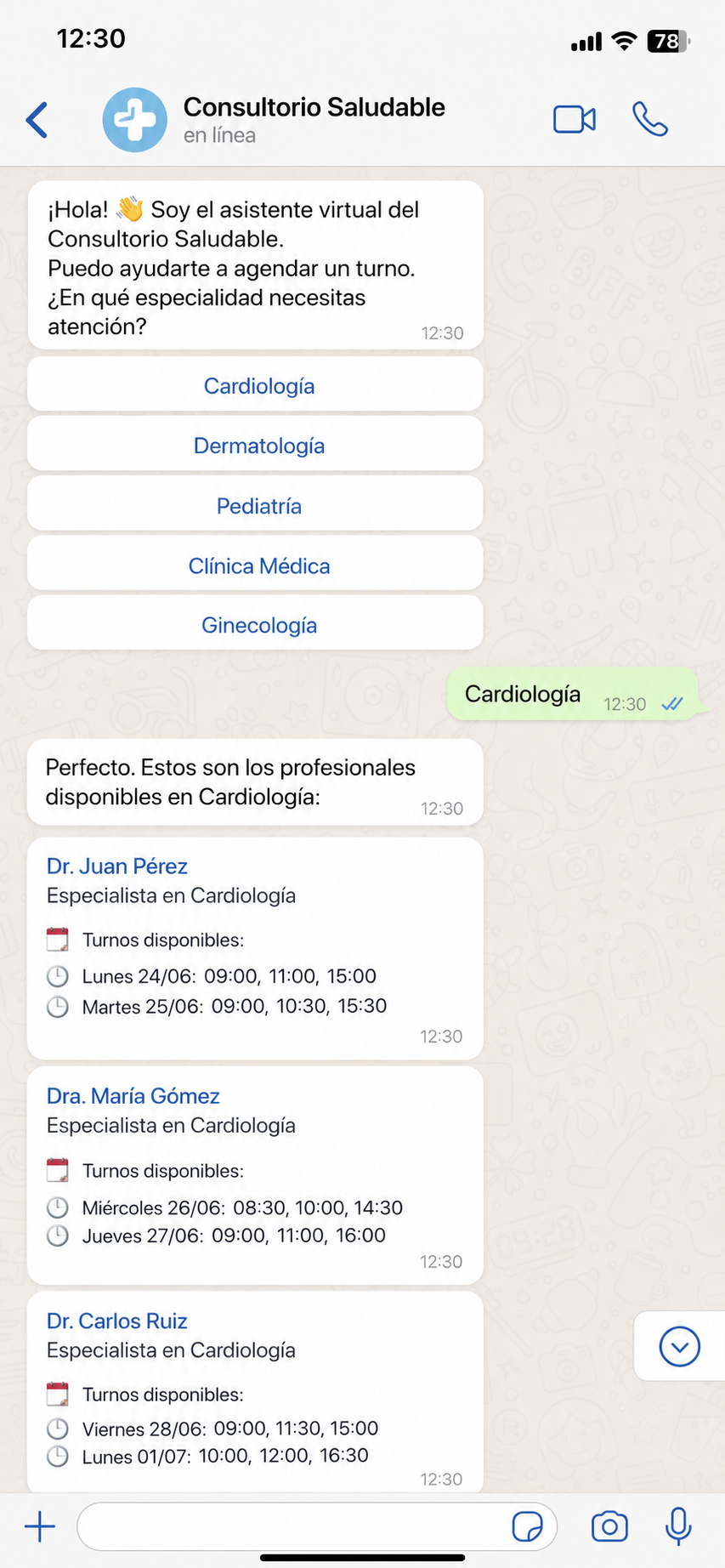 Chatbot con flujo guiado paso a paso para agendar turnos por WhatsApp