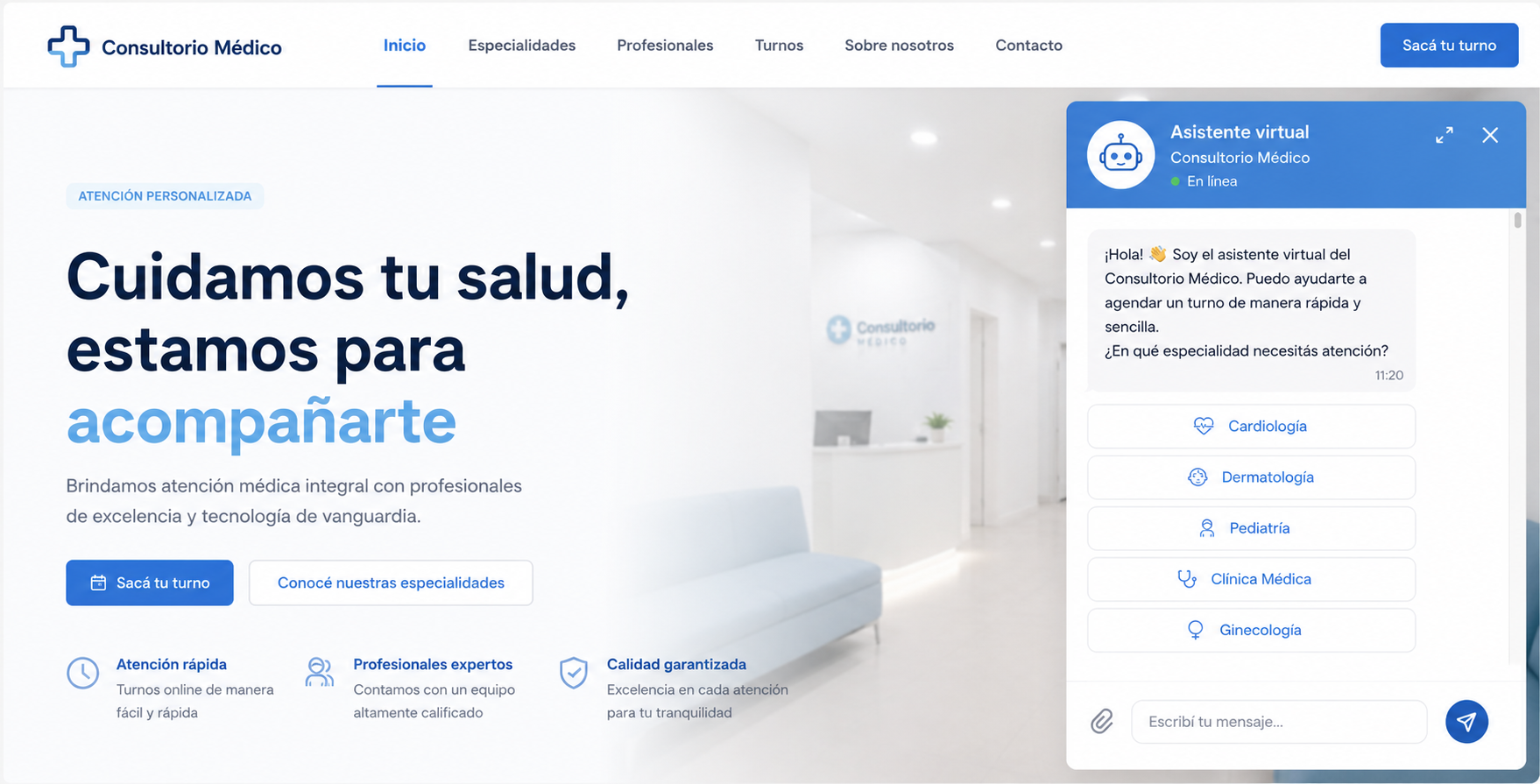 Landing con widget de chat para agendar turnos sin salir de la web